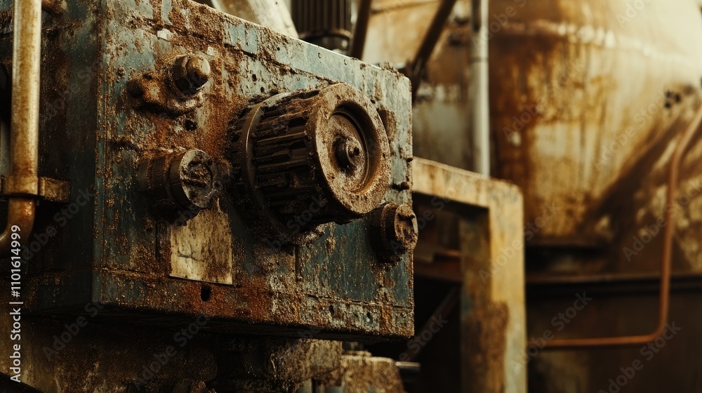 Poster A close-up of a powerful industrial machine working in a rugged processing environment, with rusted metal, machinery, and dust enhancing the gritty industrial atmosphere