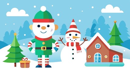A cartoon of a snowman and elf standing in front of a house