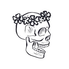 Hand drawn black outline floral human skull with wreath isolated on white background. Monochrome skeleton head with flowers design
