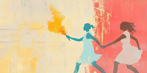 Symbolic image of a woman carrying a torch and running in a relay race, passing it to another woman, symbolizing empowerment.  International Women's Day, Feminism and Equality.