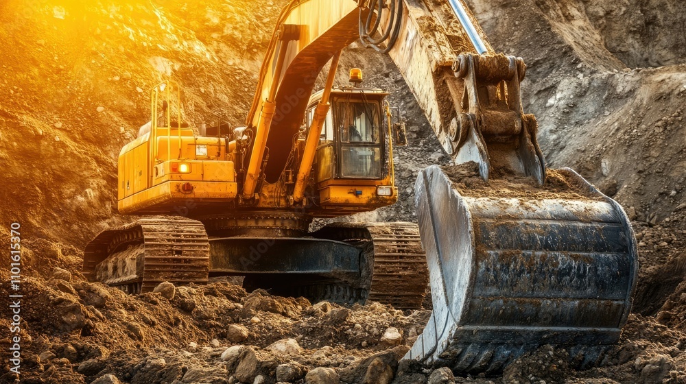 Poster a close-up view of a rugged excavator in action at a construction site, surrounded by dirt and rocks