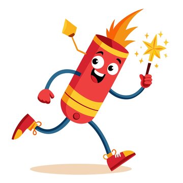 A cartoon character is running with a firework and a wand