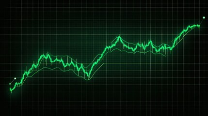 A neon green line graph on a dark background with grid lines, showing fluctuating stock market investments with points highlighting significant trades.