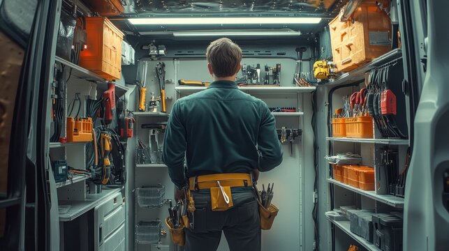 An electrician wearing a tool belt stands inside a utility van, selecting tools and materials for electrical repairs