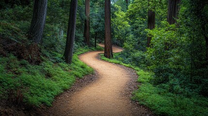 Fototapeta premium Serpentine dirt path winding through a lush grove of towering sequoia trees, surrounded by vibrant green foliage and tranquil beauty.
