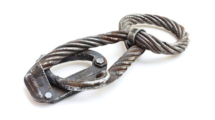 A metal rigging tool featuring twisted cables and a hook for securing loads.