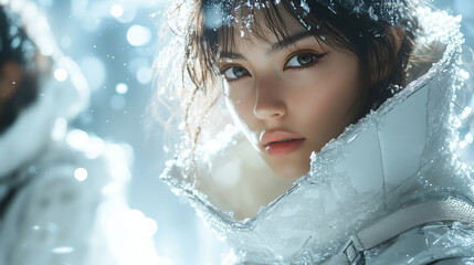 Captivating close-up of a woman in a shiny winter coat against a snowy backdrop during an icy expedition in winter. Generative AI