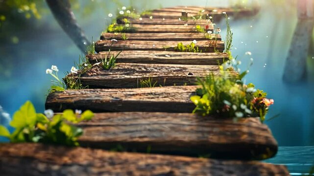 Wooden path over tranquil water, lush greenery, sunlight.