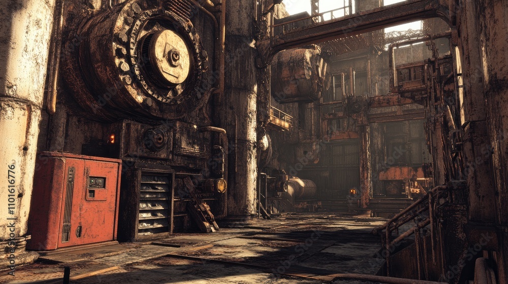 Poster a heavy-duty industrial machine processing raw materials in a rugged, factory-like environment, with