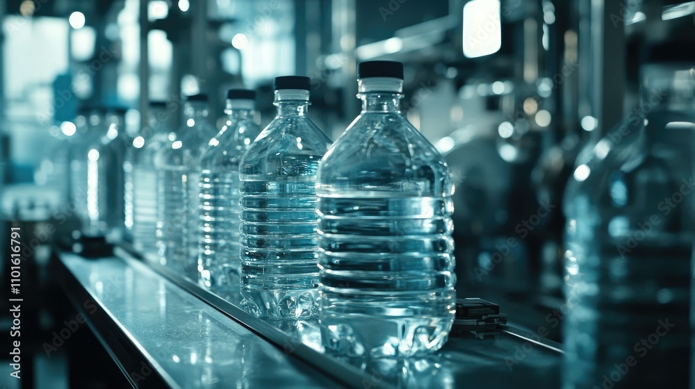 Aufkleber A high-tech automated filling machine in action, filling large bottles with a smooth liquid in a clean and sterile factory environment.