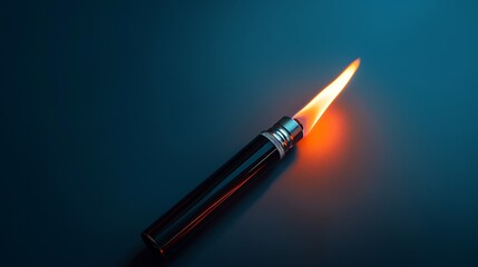 A sleek lighter emitting a vibrant flame, set against a dark background, emphasizing its design and function.