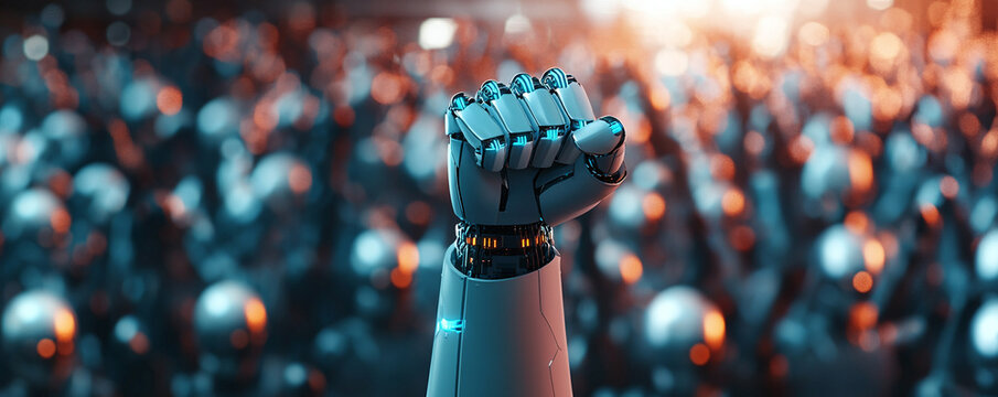 A robotic fist raised in a crowd of robots, representing technological power and innovation - Powered by Adobe