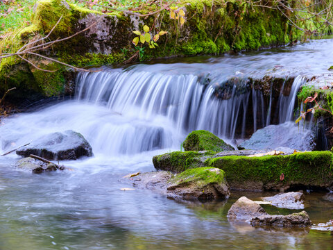 A gentle waterfall flows over moss-covered rocks into a tranquil pool, creating a serene, soothing environment that offers a peaceful and refreshing escape. - Powered by Adobe