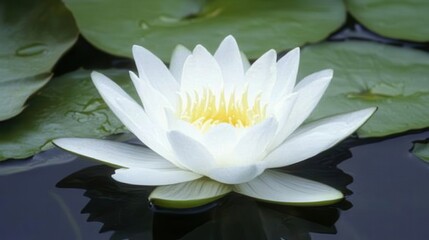 Serene White Water Lily Blooming on Calming Surface of Green Lily Pads in Tranquil Pond, Symbolizing Purity and Natural Beauty in Nature's Splendor