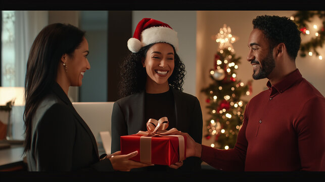 Diverse business team of professionals in a festive office setting. One person is handing a gift to another, wearing a Santa hat. Christmas concept. Office holiday, secret Santa. Corporate spirit