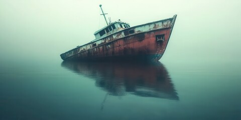 Fototapeta premium An abandoned boat rests silently on a misty, calm water surface, evoking a sense of mystery.