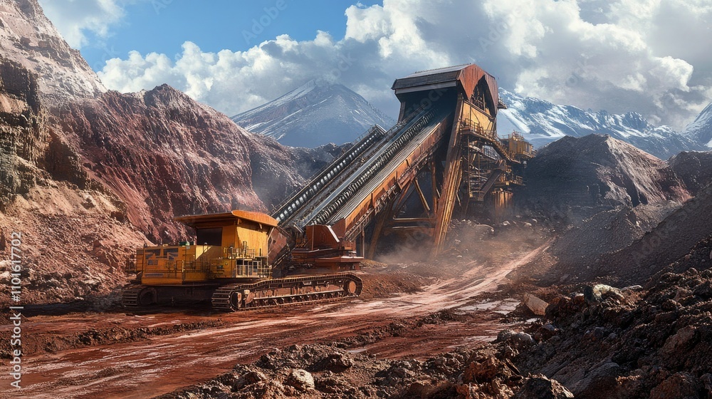 Poster a large screw feeder positioned on a mining site, moving materials through a gritty, earthy environm