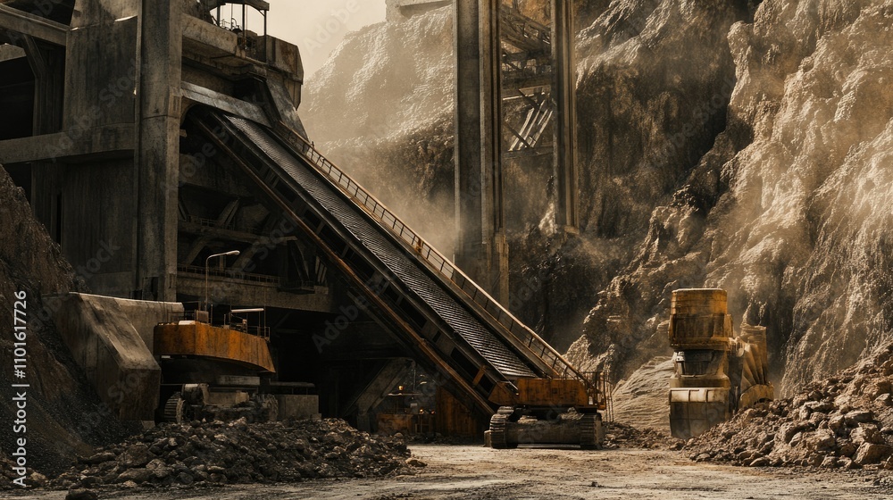 Poster a large screw feeder positioned on a mining site, moving materials through a gritty, earthy environm