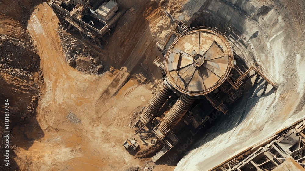 Poster a large screw feeder positioned on a mining site, moving materials through a gritty, earthy environm