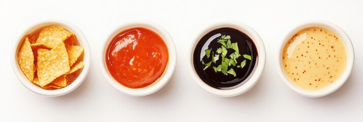 Assorted dips served with crispy chips on a white background.