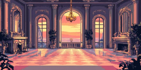 Fototapeta premium An elegant interior space with ornate details, large windows, and a sunset view.