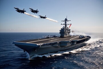 Dynamic Military Aircraft Carrier Launching Attack Jets in Coordinated Operation Scene