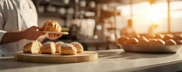 Fototapeta premium Delicious Bakery Bread Freshly Baked Bread Rolls Loaves Chef at Work