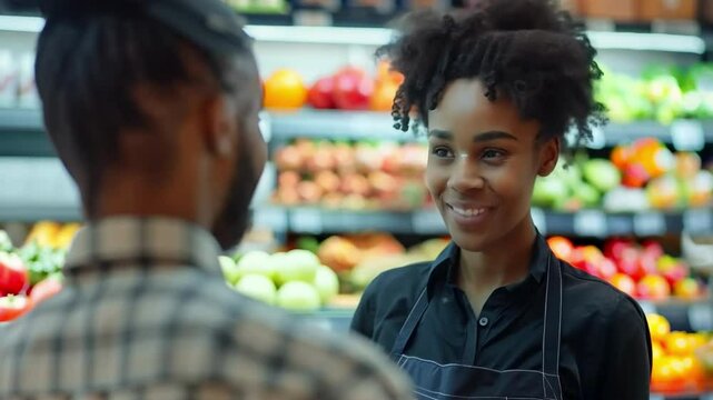 Happy Afro girl and man against the background of a vegetable market or vegetable rows in a supermarket. Customer consultation