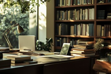 Naklejka premium side view, books in library, desk with books, high resolution photography 