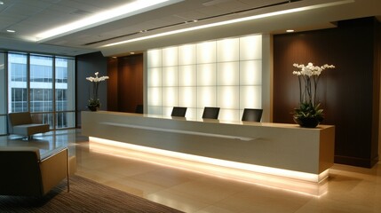 A modern, sophisticated reception space with backlit walls, stylish furniture, and a clean, minimalist design creating a welcoming environment for visitors and clients