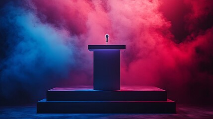 Futuristic Virtual Debate Stage with Vibrant Neon Lighting and Aesthetics