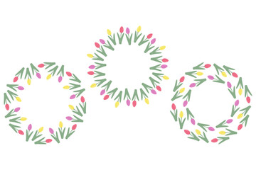 Colorful Tulips in trendy spring shades Circle Frames Copy space Greetings template concept Set of 3
