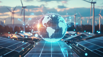 glowing holographic globe representing renewable energy, surrounded by solar panels and wind turbines, symbolizes sustainable future