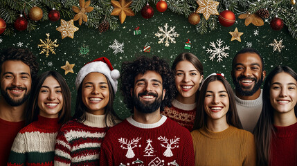Free flowing network. Diverse individuals connected by hand-drawn festive icons (stars, snowflakes, Christmas trees, and gifts). Christmas themed accessories. Holiday greetings, celebration concept