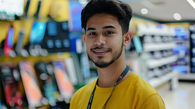 An employee of an electronics store in a yellow uniform stands in front of phone models and communicates with customers