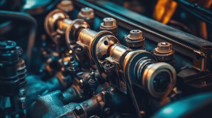An inside view of a car engine with exposed pistons, crankshaft, and connecting rods. The intricate parts and metal surfaces create a technical, high-performance look.