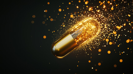 glowing golden capsule bursts open, releasing shimmering particles into air, creating magical and vibrant atmosphere