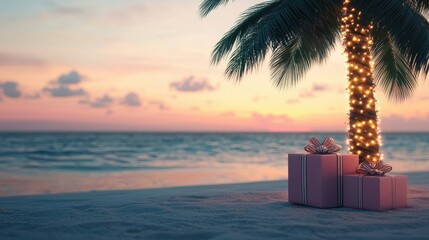 Obraz premium Tropical Christmas Beach Sunset Palm Tree Gifts Lights
