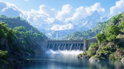 A powerful dam with turbines spinning, nestled in a serene river setting, surrounded by mountains and lush greenery under clear skies.