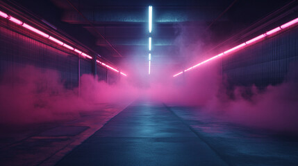 Neon-lit corridor with fog showcasing vibrant colors and dynamic lighting effects