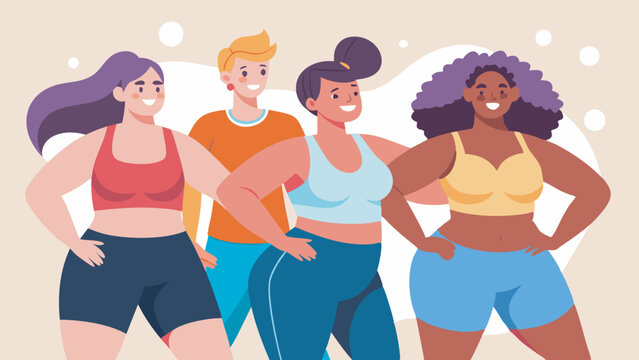 Four confident individuals in sportswear pose together, promoting body positivity. They include a man and women, one with purple hair and another with curly hair and colorful attire.