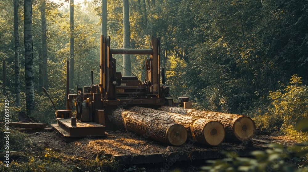 Aufkleber A powerful log splitter in use in a dense forest, splitting large logs with force, surrounded by trees and a natural earthy landscape.