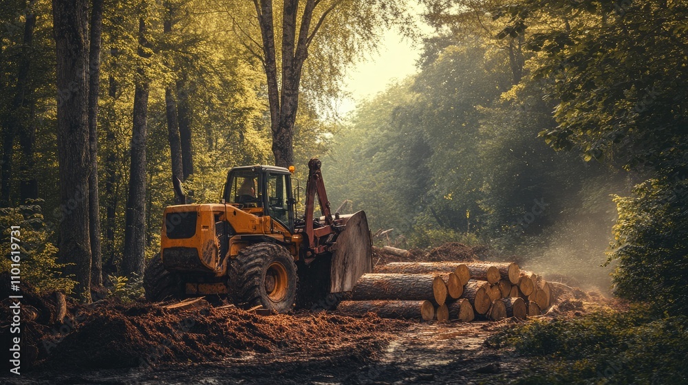 Aufkleber A powerful log splitter in use in a dense forest, splitting large logs with force, surrounded by trees and a natural earthy landscape.