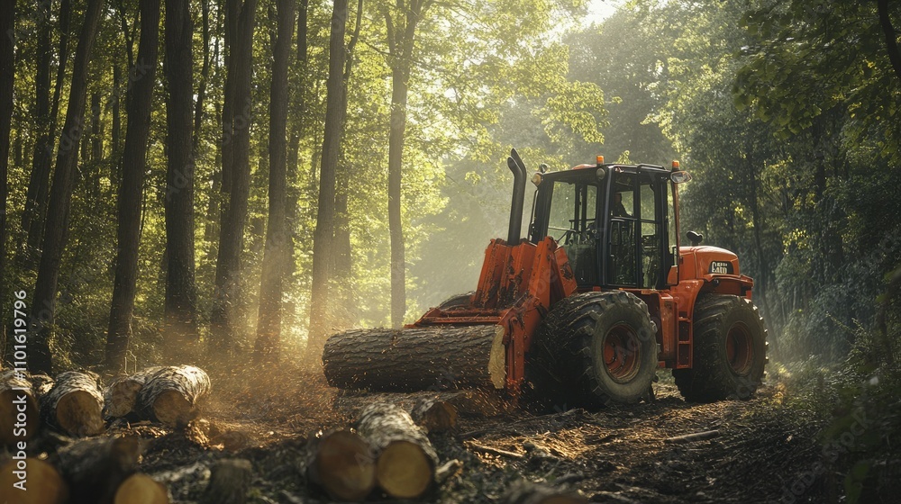 Poster A powerful log splitter in use in a dense forest, splitting large logs with force, surrounded by trees and a natural earthy landscape.