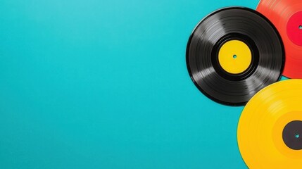 Obraz premium Colorful Vinyl Records on Teal Background Retro Music Vintage Music Wallpaper