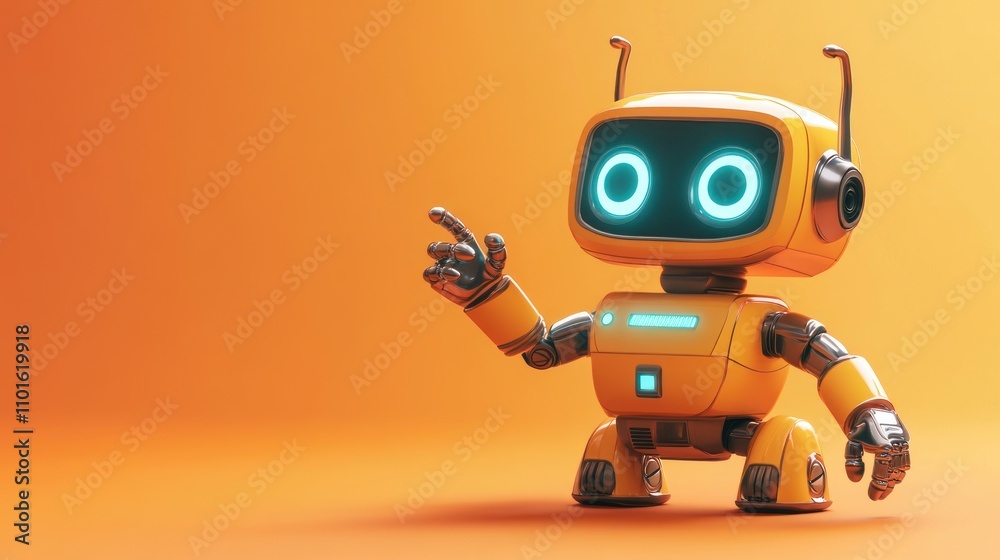 Poster friendly orange robot gesturing and presenting