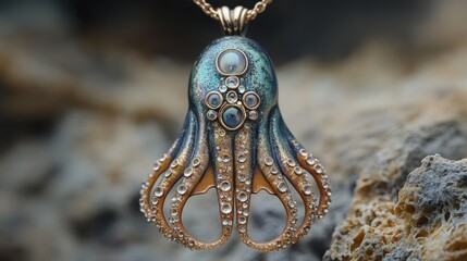 Intricate Deep Sea Squid Pendant with Gemstone Accents and a Shimmering Crystal Bubble, Perfect for Unique Jewelry Lovers