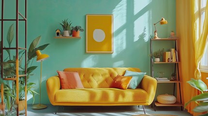A yellow sofa sits in a living room with teal walls, bathed in sunlight.  The room features pops of orange and teal, creating a vibrant and cheerful atmosphere.