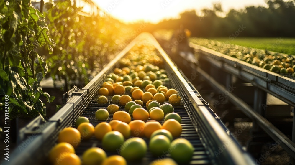 Aufkleber A retro conveyor system gently moving fresh produce in a soft-lit agricultural setting, with a rustic farm backdrop and fields stretching in the distance.