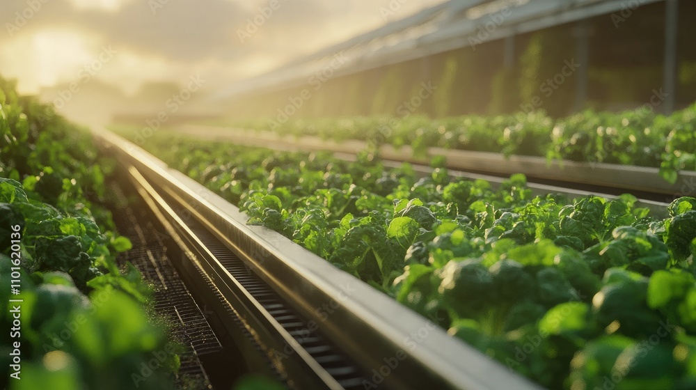 Poster A retro conveyor system gently moving fresh produce in a soft-lit agricultural setting, with a rustic farm backdrop and fields stretching in the distance.